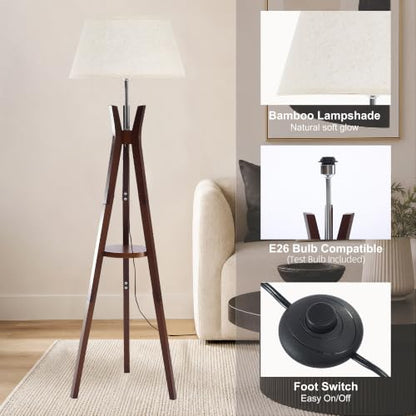 Tripod Floor Lamp with Shelves, 59'' Standing Lamp for Bedroom - color: Walnut