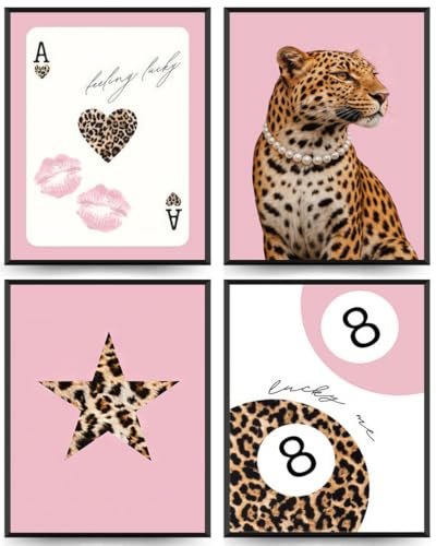 BWDDWB Pink Leopard Wall Art,Cheetah Fashion Poster,Coquette Y2k 8 Ball Canvas Print Artwork for Girls Bedroom College Dorm Preppy Aesthetic Room Wall Decor 12x16 in Set of 4 Unframed - color: Pink Leopard, size: 16"L x 12"W