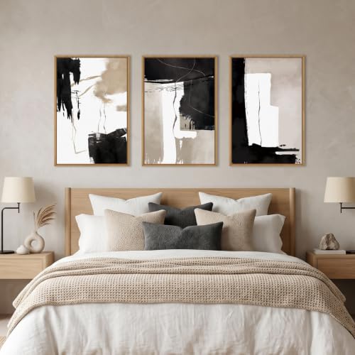 Celestdeco Abstract Black White Brown Framed Canvas Wall Art Set-16"x24"x3 - color: Black and Brown Wall Art, size: 16"L x 24"W