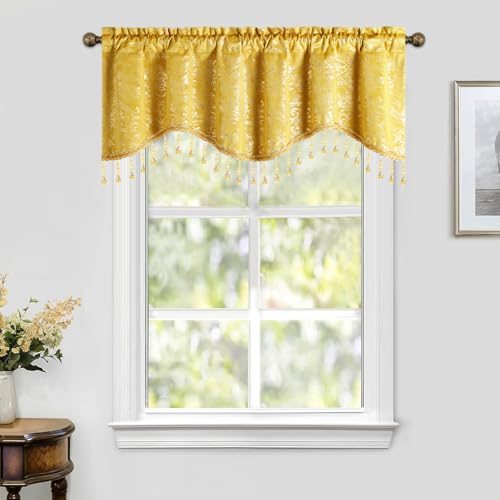 Leeva Yellow Floral Scalloped Rod Pocket Window Valance, 52 x 18, 1 Panel - color: Yellow