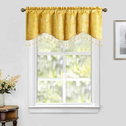 Leeva Yellow Floral Scalloped Rod Pocket Window Valance, 52 x 18, 1 Panel - color: Yellow