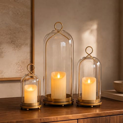 15", 9" & 7" Hurricane Candle Holders Set of 3, Gold & Glass - color: Gold