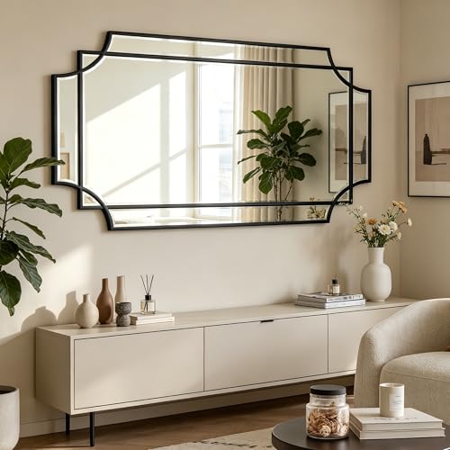 59"x30" Large Rectangle Beveled Mirror with Geometric Wood Frame - color: Black, size: 59"L x 30"W
