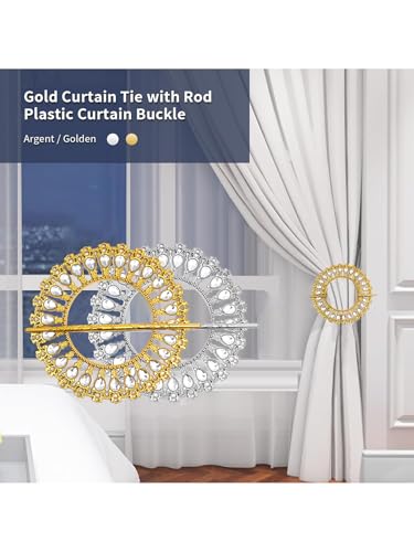 2 Pack Shiny Curtain Tiebacks Luxury Curtain Holdbacks Plastic Curtain Clips Buckle Drapery Holdbacks Crystal Drapery Tiebacks for Window Decoration, with Fixing Rod (26 Crystals, Gold) (Silver)