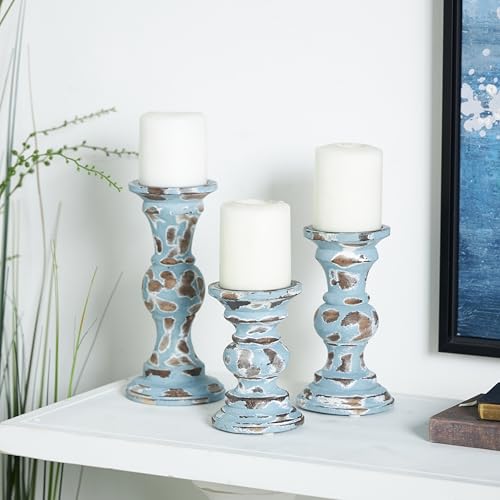 Deco 79 Wood Decorative Candle Holder Candle Stand, Set of 3 Candlestick Holder 6", 8", 10"H, Light Blue