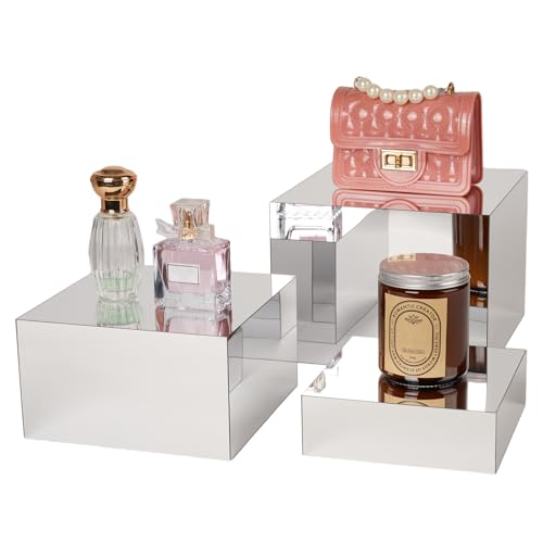 3-Pack Silver Acrylic Display Risers, Mirrored Nesting Stands - size: Silver 3pcs (6",7",8")