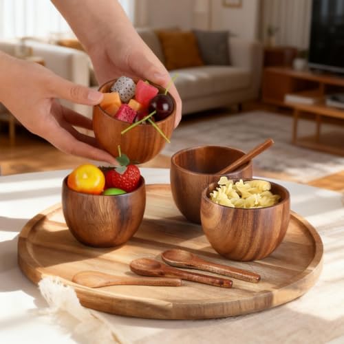 4 Pack Acacia Wooden Bowl with 4 Pcs Spoon Wooden Dipping Bowls Round Wood Salad Hand Carved Calabash Dip Tray for Condiments, Jam, Nuts, Appetizer, Snack, Yogurt, Ketchup, Barbecue Sauce(3 Inch) - size: 3 Inch