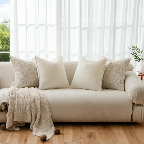 a moment Beige 4 Pack Throw Pillow Covers - Chenille & Velvet Set with Piping, Farmhouse Textured Design Cushion Cases for Couch Sofa Bed (20x20 Inch, No Insert) - color: Beige, size: 20" x 20" (Pack of 4)