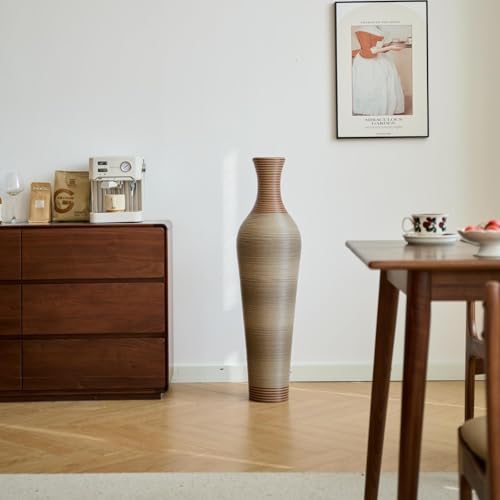 39-Inch Tall Floor Vase, Modern PVC Decorative Ribbed Design with Artificial Rattan Look, Large Statement Piece for Living Room, Freestanding Flower Holder