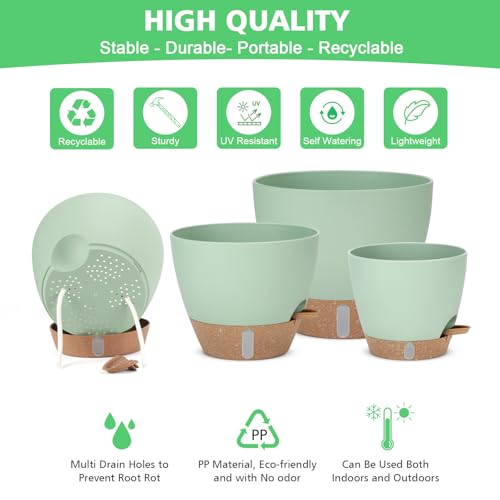 Self Watering Planter for Indoor Plants, 12" 10" 9" 8" Plastic Large Flower Pot Set with Water Level Indicator Deep Reservoir Saucer, Big House Bottom Watering Plant Pots with Drainage Hole - Green - color: Green