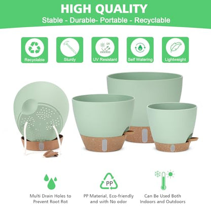 Self Watering Planter for Indoor Plants, 12" 10" 9" 8" Plastic Large Flower Pot Set with Water Level Indicator Deep Reservoir Saucer, Big House Bottom Watering Plant Pots with Drainage Hole - Green - color: Green