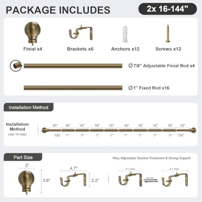 2 Pack Antique Bronze Curtain Rods 16-144 Inch Heavy Duty 1 Inch - color: Bronze, size: 16"-144"|2 Pack