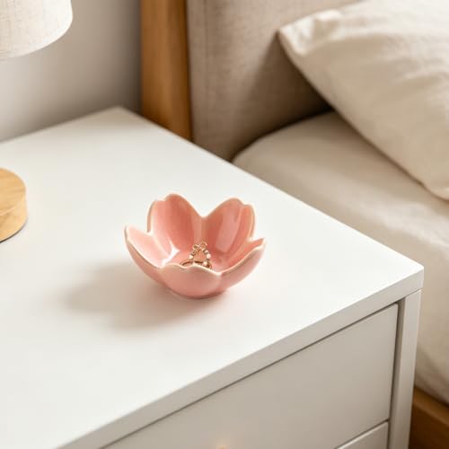 Flower Ceramic Jewelry Dish, Floral Ring Holder Tray - color: pink