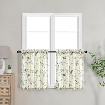 VOGOL Green Vine Embroidered Kitchen Tier Curtains, W30 x L30, 2 Panels - color: Green, size: 30"W x 30"L (Pack of 2)