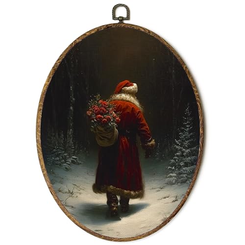 FSTCSV Moody Christmas Santa Oval Wall Art Framed, Dark Academia Santa Claus Flower Canvas Prints Wall Hanging Art, Vintage Xmas Winter Holiday Oval Walls Decor for Home Bedroom, 8.8x11.5in - color: christmas winter-15