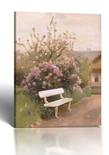 Framed Garden Canvas Wall Art with Flowers and Bench 12x16 Inch | Framed garden bench canvas wall art, floral landscape painting, ready to hang for living room, bedroom, office, bathroom. - color: Multi-color, size: 12"L x 16"W