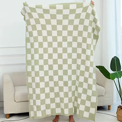 Ultra Soft Checkered Blanket Cozy Buffalo Check Throw Fluffy Knitted Reversible Throw Blanket Lightweight Fleece Checkerboard Grid Blanket for Sofa Couch Bed Travel, Sage Green, 51''x63'' - color: Sage Green