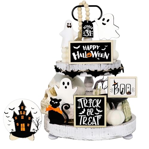 19PCS Halloween Tiered Tray Decor - Halloween Decorations Indoor Wooden Signs Set with Ghost Bat Pumkin Centerpieces for Tables Home Kitchen Bedroom Shelf Decor - color: White