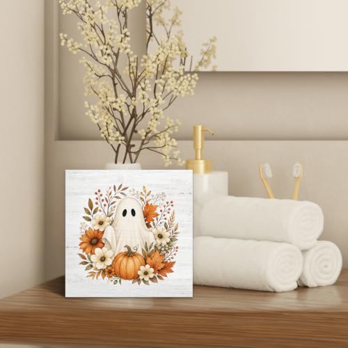 Halloween Fall Ghost Pumpkin Floral Wood Box Sign Desk Decor 5X5