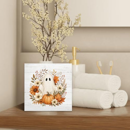 Halloween Fall Ghost Pumpkin Floral Wood Box Sign Desk Decor 5X5