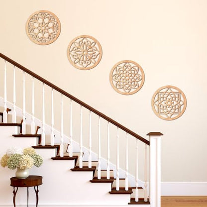 KOYILTD 4 Pcs Thicken Wooden Wall Art Rustic Farmhouse Flower Wall Art - color: Round, size: 8.2in