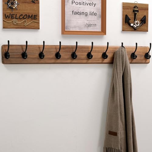 Dseap Wall Mounted Coat Rack: 38-1/4" Long, Patented, Heavy-Duty, 10-Double-Hooks Wooden Hanger Rail for Winter Coats, Hats, Jackets, Clothing - Natural & Black, Pack of 2 - color: Natural & Black, size: L=38.3"(2pcs)