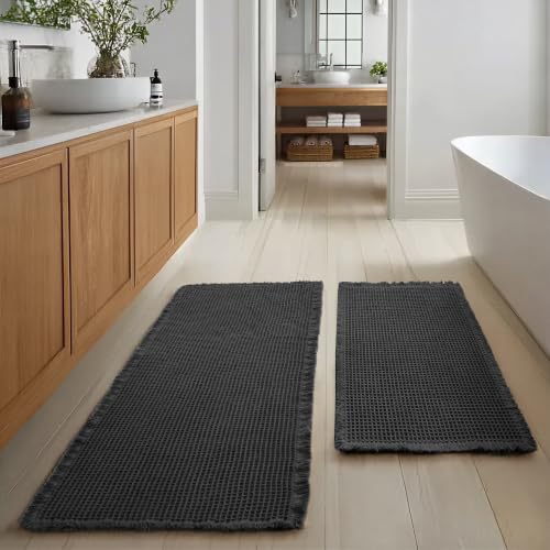 JIUZHEN Set of 2 Waffle Bath Mats Boho Bathroom Runner Rug 20"x32"+24"x48" - color: Black, size: 20"x32" + 24"x48"