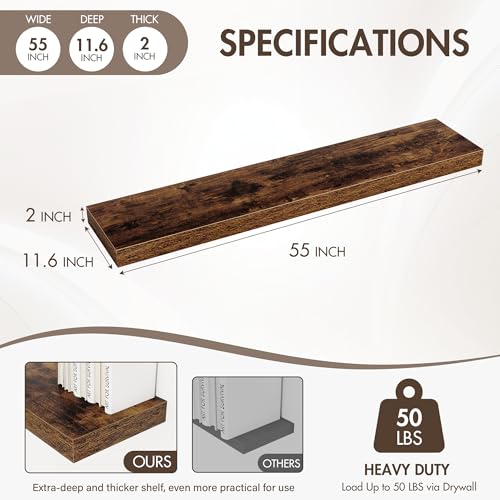 Acovy 55 Inch Floating Shelves, 12" Deep Floating Shelf Wall Mounted, 55" Wall Shelves, Rustic Deep Bookshelf, Extra Deeper & Thicker Display Shelves for Bedroom, Living Room, Set of 1 - color: Brown, size: 12"Wx55"L-1pc