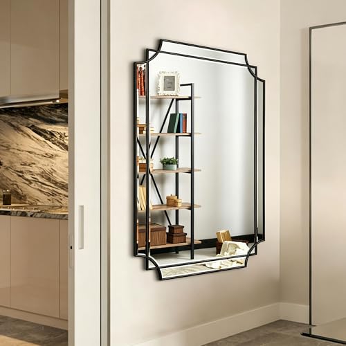 48"x31.6" Large Rectangle Beveled Mirror with Black Wood Frame - color: Black, size: 48"L x 31.6"W