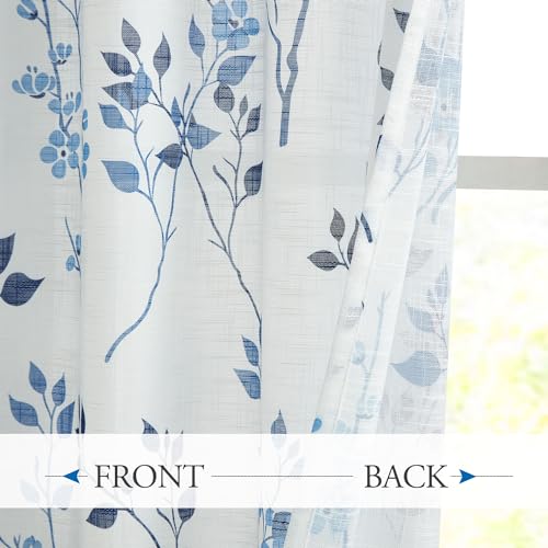 Beauoop Floral Linen Semi Sheer Curtains Living Room Blue Navy 50x84 2 Set - color: Grommet | Blue and Navy, size: 50"W x 84"L (Pack of 2)