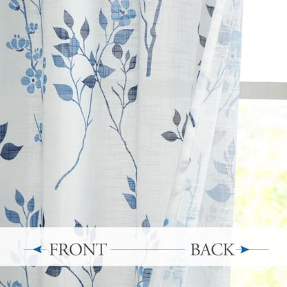 Beauoop Floral Linen Semi Sheer Curtains Living Room Blue Navy 50x84 2 Set - color: Grommet | Blue and Navy, size: 50"W x 84"L (Pack of 2)