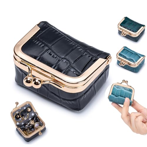 Genuine Leather Mini Jewelry Box & Coin Purse for Women, Travel Jewelry Case with Kiss Lock, Holds Earrings, Rings, Necklace, Bracelet, Coins (Black Crocdile Pattern) - color: Black - 2.5in - Crocdile Pattern