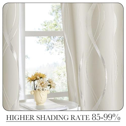 NICETOWN Beige Kitchen Curtains Small Blackout Panels 34 by 54 Inch, Set of 2, Window Treatment Thermal Insulated Solid Grommet Room Darkening Wave Line Foil Print Design Drapes for Cafe, Loft - color: 1 - Beige, size: 34"W x 54"L (Pack of 2)