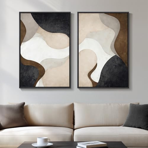 Framed Neutral Beige Brown Abstract Canvas Wall Art Set of 2, 16x24 In - color: Fluid Shapes, size: 16" W x 24" H x 2Pcs