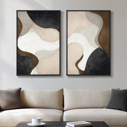 Framed Neutral Beige Brown Abstract Canvas Wall Art Set of 2, 16x24 In - color: Fluid Shapes, size: 16" W x 24" H x 2Pcs
