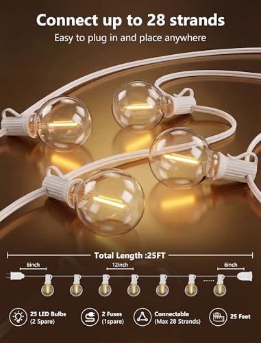 25Ft G40 LED White Outdoor String Lights with 27 Shatterproof Globe Bulbs - color: White, size: 25Ft