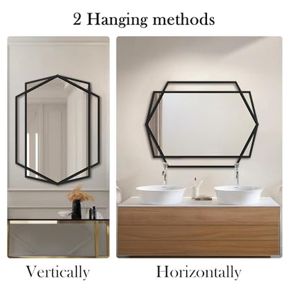 40''X30'' Hexagon Mirror Black Metal Framed Wall Mounted Geometric Bathroom Mirrors for Over Sink, Hexagon and Rectangular Mirror Vertical or Horizontal Hanging for Entryway, Living Room
