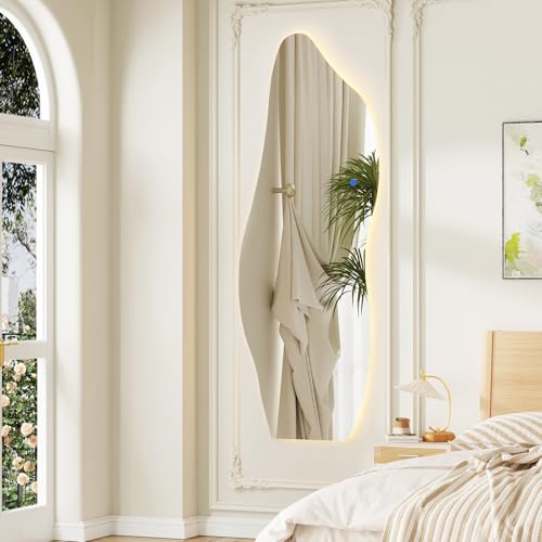 QDSSDECO 63" x 24" LED Full Length Wall Mirror, Wavy Frameless Design - color: Led Cloud