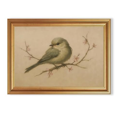 EJPFOGV Serene Bird on Branch Pink Floral Framed Canvas Wall Art 16x24 inch - color: Bird, size: 24"L x 16"W