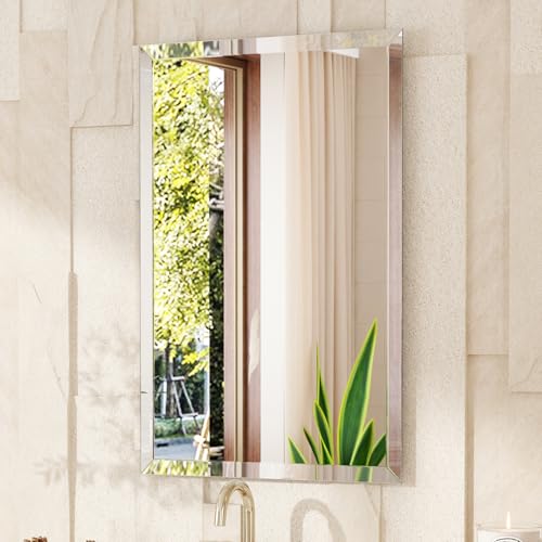 VocalStar Frameless Bathroom Mirror, 16" x 24" Rectangle Wall Mirror with Beveled Edge, Modern Decorative Vanity Mirrored for Living Room, Entryway, Bedroom | 1/4-Inch Shatterproof Glass - size: 16"L x 24"W