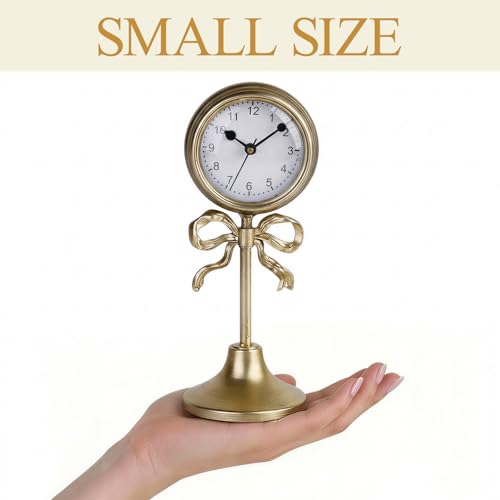NIKKY HOME Small Gold Bow Table Clock, Silent Elegant Mantel Decor
