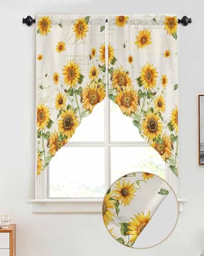 Sunflowers Swag Valances Kitchen Curtains 36 Inches Length, Yellow Botanical Floral Tier Drapes Swag Topper, Country Flowers Plants Bee Short Window Treatments for Small Windows Cafe 2 Panels 28"x36" - color: Yellow Green, size: 28"W x 36"L (Pack of 2)
