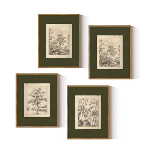 InSimSea 4 pcs Framed Wall Art, Vintage Sketch Tree Canvas Prints, Bathroom Kitchen Sage Green Nature Decor, Neutral Toned, Rustic Shelf Decor, Small Size,11x14in - color: green Sketch tree