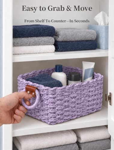 Small Wicker Baskets, 3 PCS Paper Rope Baskets for Shelves, Purple - color: Purple