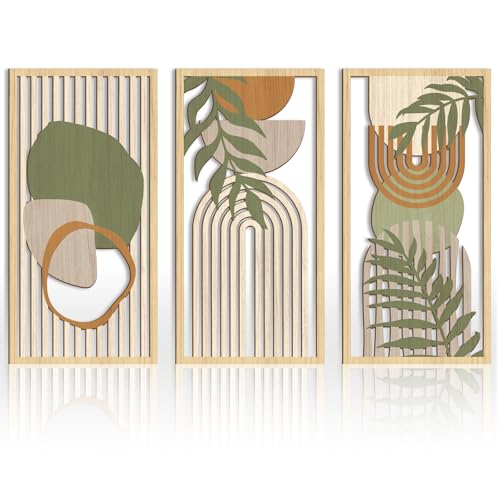 IARTTOP Boho Mid-Century Modern Wood Wall Art 16x32 Inch Large Green Abstract Wood Wall Decor Mid Century Bohemian Artwork for Bedroom Living Room Office Kitchen Set of 3 - color: Green Boho, size: 32"L x 16"W