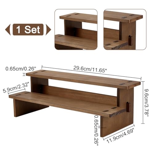 NBEADS 2-Tier Wooden Display Riser Shelf, 4.69x11.65x3.78 Inch Camel Tabletop Small Food Stand Risers Display Makeup Step Perfume Organizer for Fragrance Cosmetics Figure Collection
