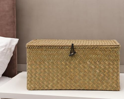 Seagrass Wicker Storage Basket with Lid, X-Large, Natural - color: Natural, size: 14.3" x 9.4" x 6.9"