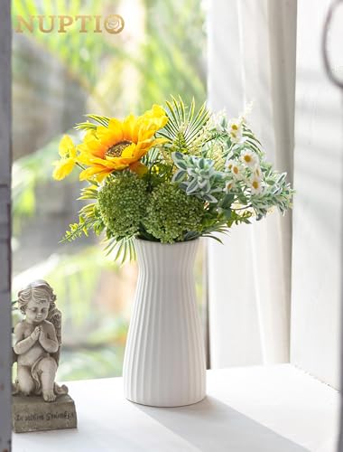 NUPTIO White Ceramic Flower Vase, Ribbed Texture, 7.9" Tall, Unglazed - size: Style 1-Ribbed