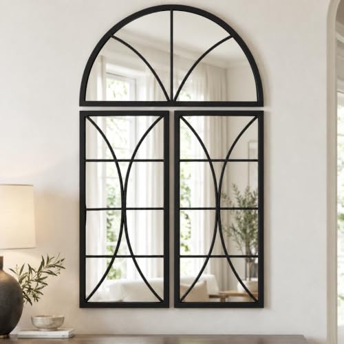 Large Black Arched Mirror, 47.24x31.5 in, 3-Piece Window Pane Design - color: Matte Black, size: 47.2"L x 31.5"W