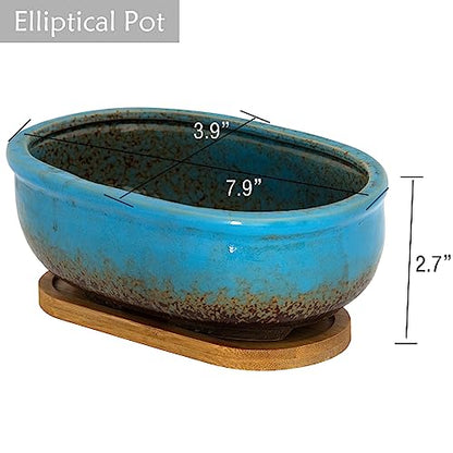 Succulent Pots, 1 Rectangle Planter + 1 Ceramic Bonsai Pots with Drain Tray - color: Blue